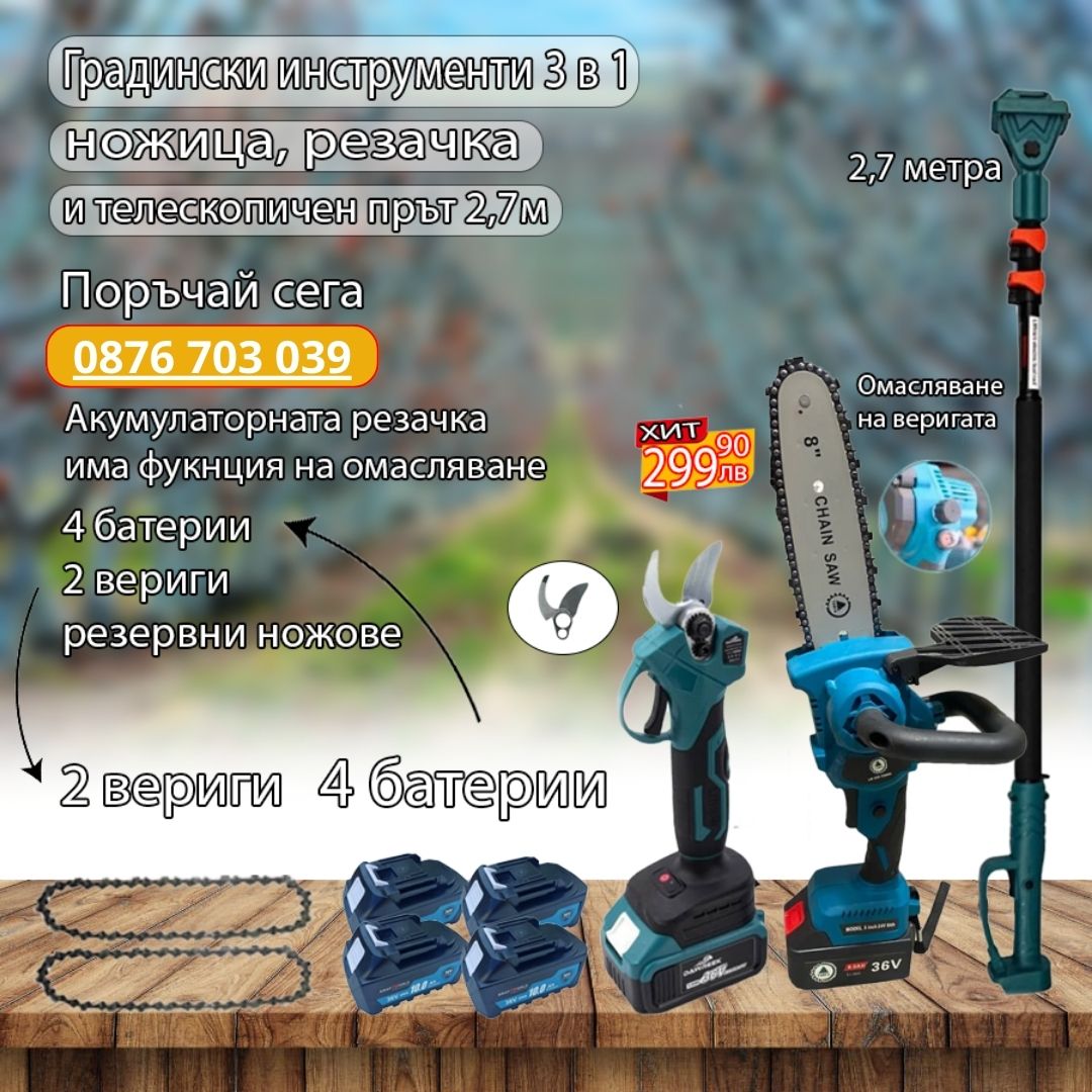 Градински инструменти - резачка, ножица и телескопичен прът 3 в 1