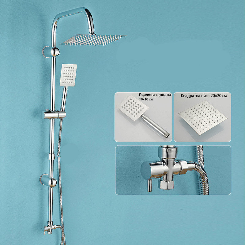 Модерен душ комплект с тръбно окачване, квадратна пита и смесител