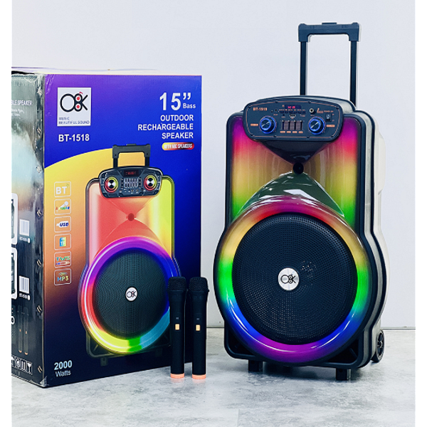Безжична Тонколона BT-1518 15" С Два Безжични Микрофона – Мощен Звук И LED Ефекти За Парти