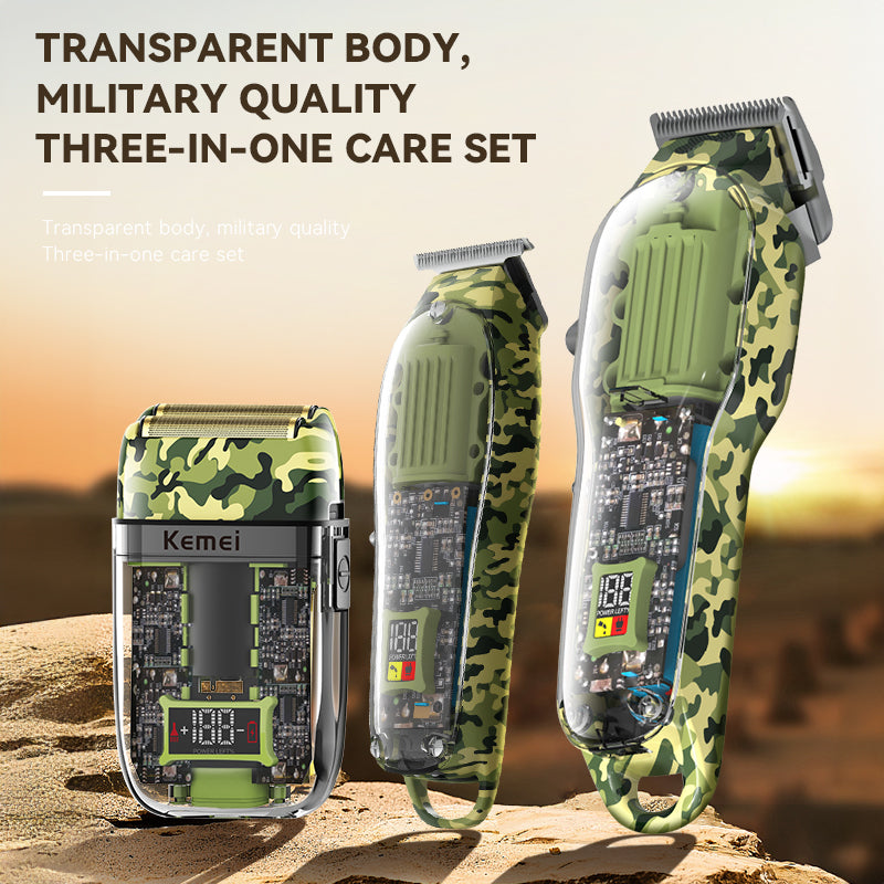 Комплект Машинки За Подстригване И Бръснене Kemei KM 2379 3 в 1 – Прецизна Грижа И Стилен Камуфлажен Дизайн