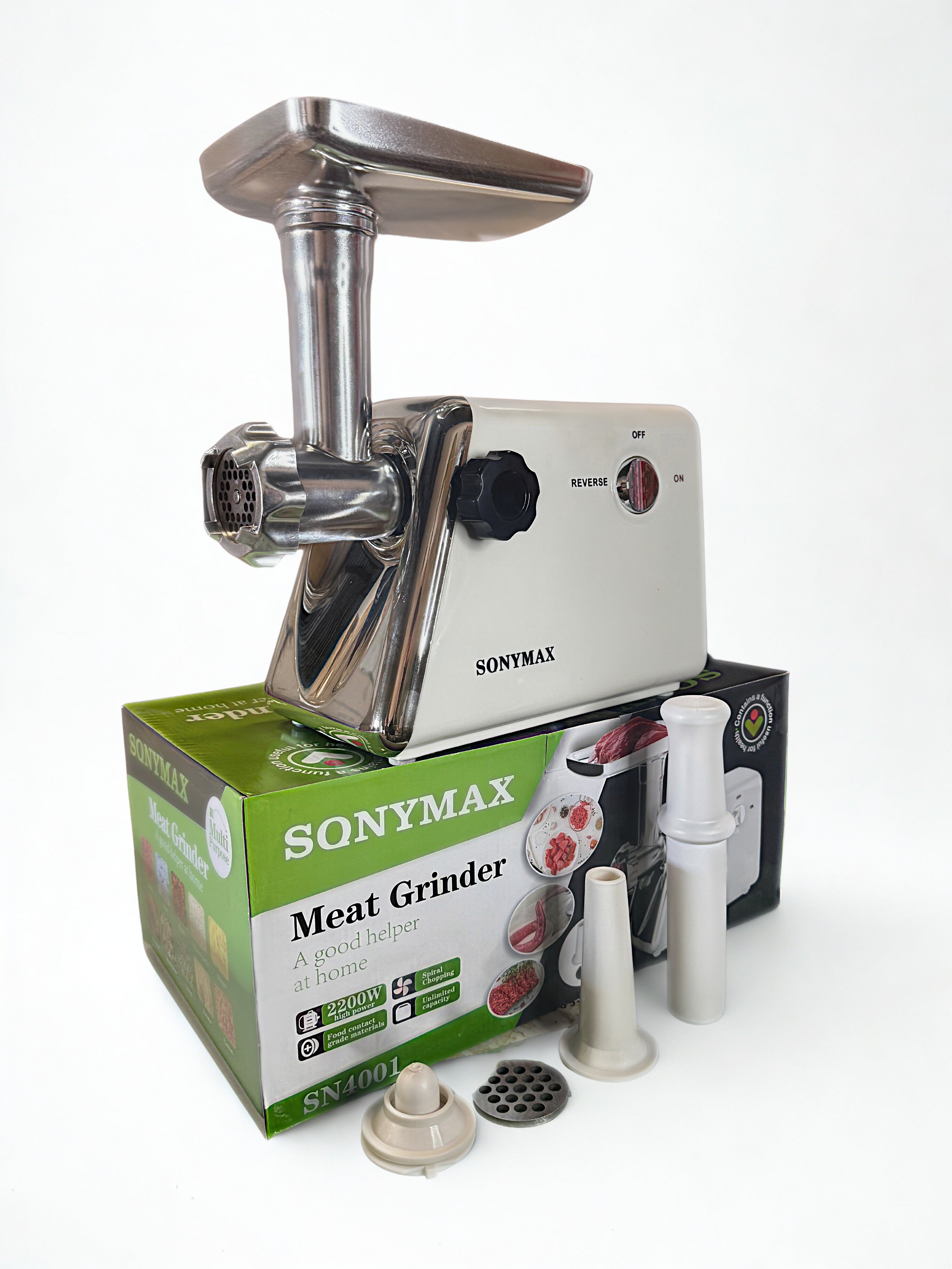„Месомелачка Sonymax SN 4001 – 2200W С Приставки За Колбаси и Функция Reverse“