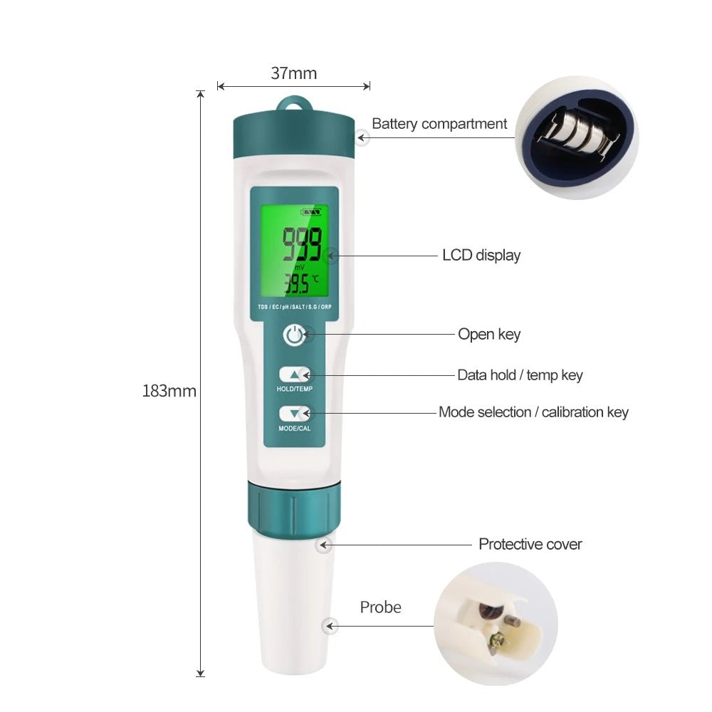 Тестер За Качество На Водата 7в1 – pH, TDS, EC, S.G., ORP, Температура, Соленост
