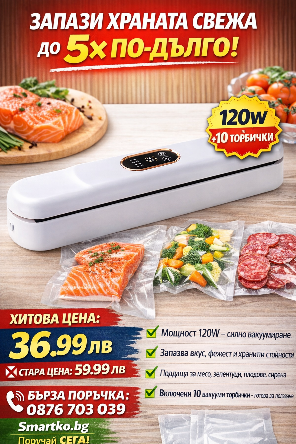 Вакуум Машинка За Храна 120W С Комплект 10 Торбички
