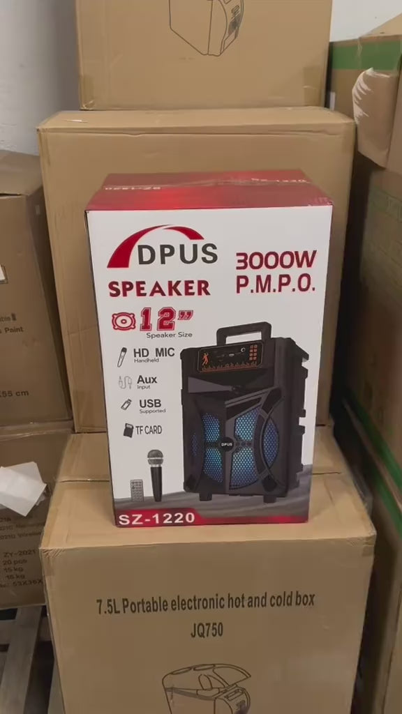 Безжична Тонколона DPUS SZ-1220 12 инча с микрофон и Bluetooth, 3000W PMPO, USB, TF и AUX входове, подходяща за караоке и събития.