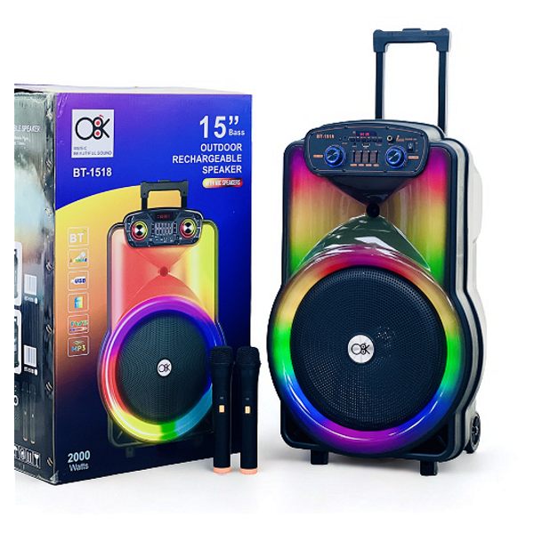 Безжична Тонколона BT-1518 15" С Два Безжични Микрофона – Мощен Звук И LED Ефекти За Парти