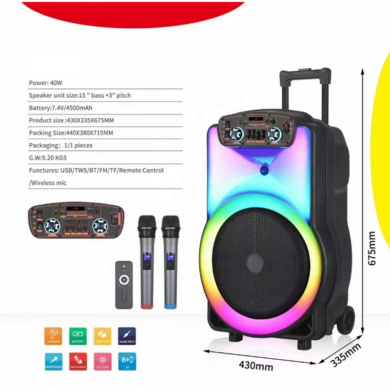 Безжична Тонколона BT-1518 15" С Два Безжични Микрофона – Мощен Звук И LED Ефекти За Парти