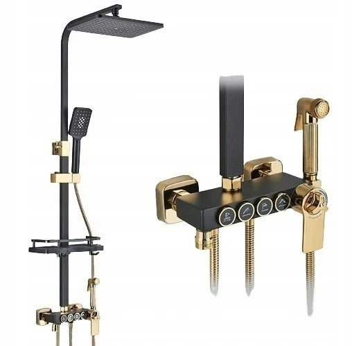Интелигентна Душ Колона – Луксозен Черно-Златен Комплект С Термостат И 4 Режима На Пръскане