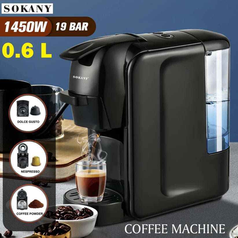 Кафемашина За Капсули и Мляно Кафе 3в1 Sokany, 1450W, 19 Бара – Черен