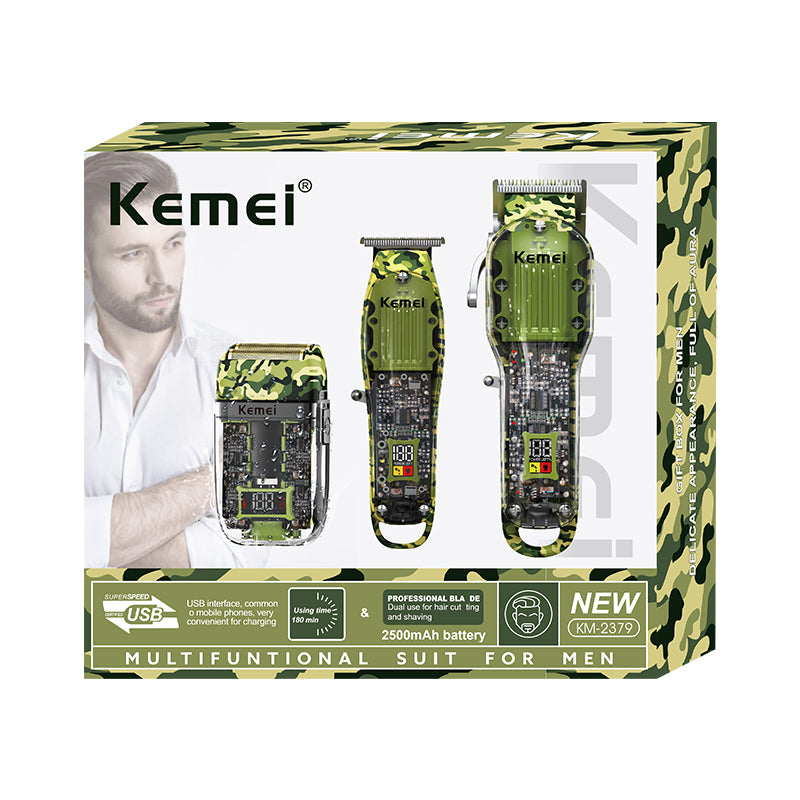 Комплект Машинки За Подстригване И Бръснене Kemei KM 2379 3 в 1 – Прецизна Грижа И Стилен Камуфлажен Дизайн