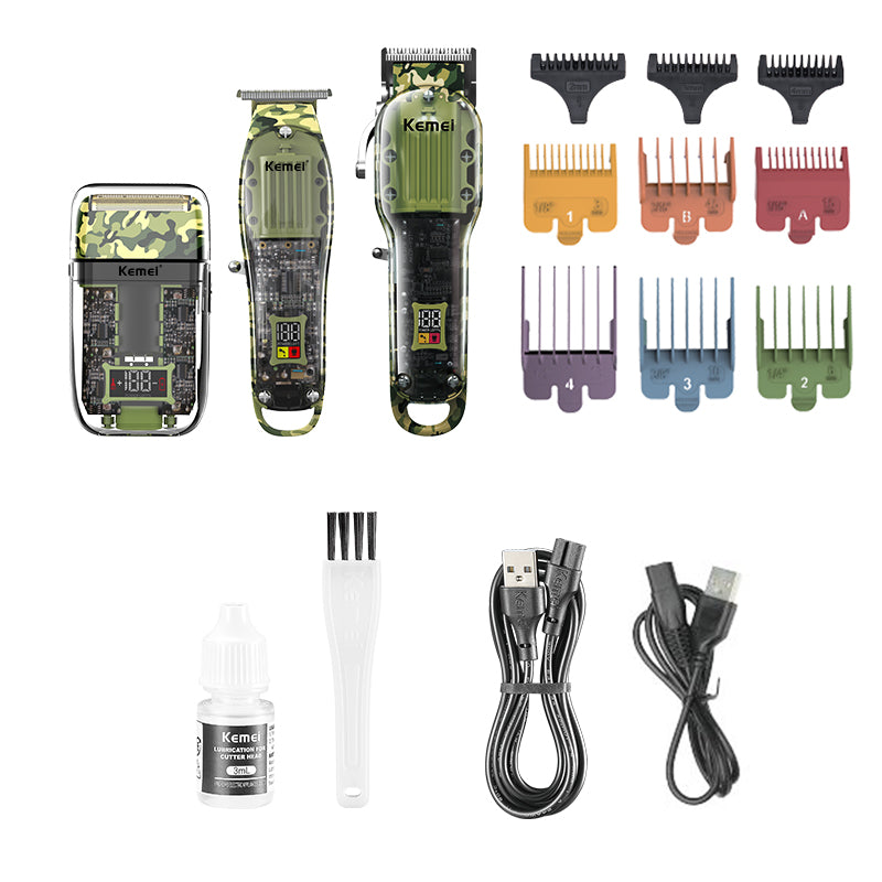 Комплект Машинки За Подстригване И Бръснене Kemei KM 2379 3 в 1 – Прецизна Грижа И Стилен Камуфлажен Дизайн