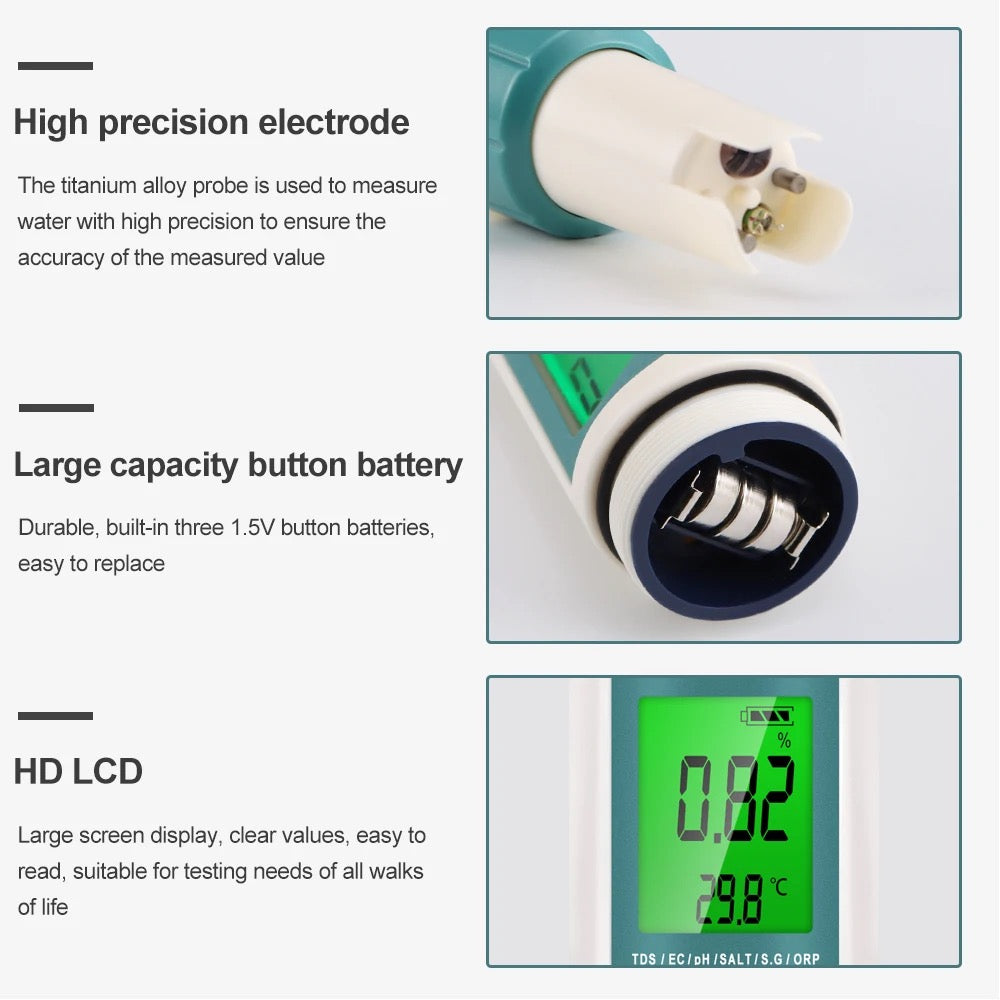Тестер За Качество На Водата 7в1 – pH, TDS, EC, S.G., ORP, Температура, Соленост
