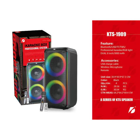 KTS-1909 Парти Тонколона с Двойни 8" 60W Говорители и RGB Осветление